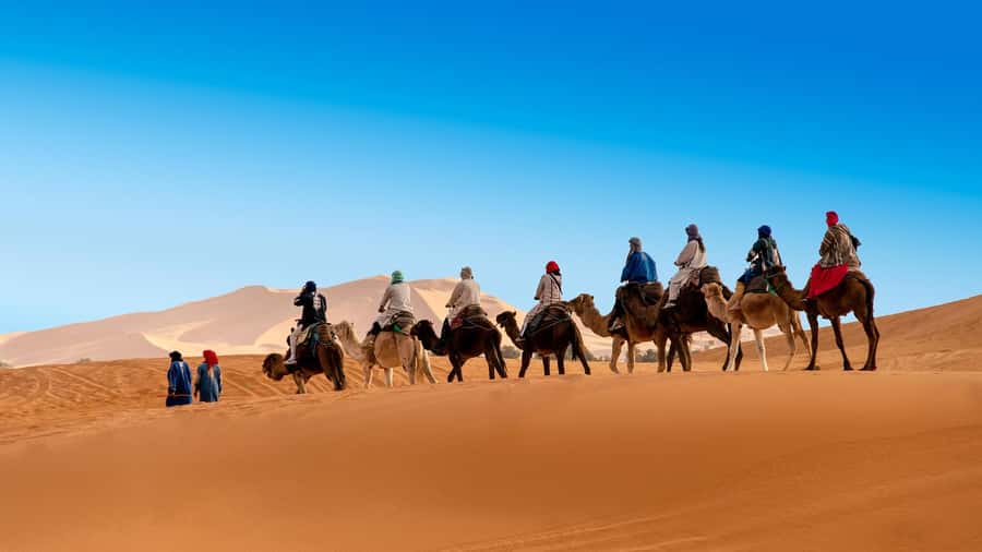 From Fes: 2-Day Luxury Desert Tour to Marrakech & Back Fez - Camel riding into the dunes at sunset