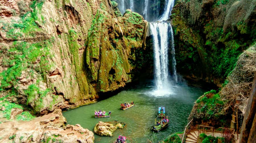 From Marrakech:Ouzoud Waterfalls Day Trip with Boat Tour - First views of the 110-meter cascades