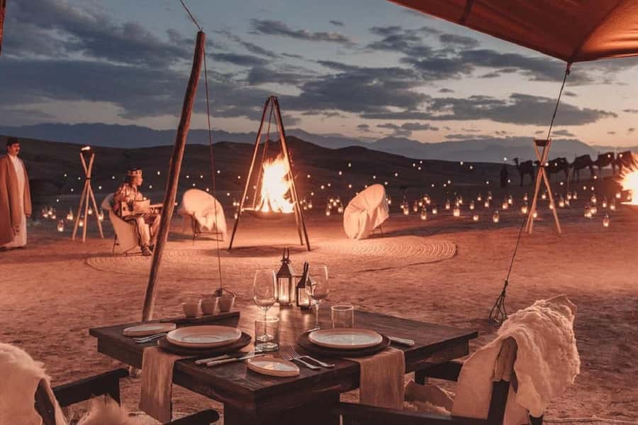 Marrakech: Agafay Desert Quad Bike with Camels & Dinner Show - Camel riding with the Atlas Mountains behind you
