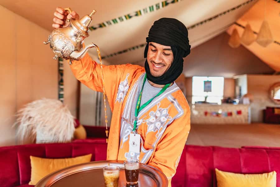 Marrakech: Agafay Desert Retreat, Tent, Dinner, Show & Pool - Welcome tea and your first look at camp